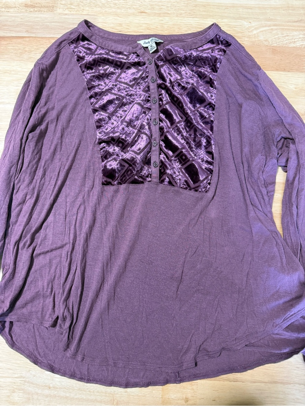 Women’s Lucky Brand Purple Velvet Panel Blouse XL 3/4 Sleeve Tie Detail Top